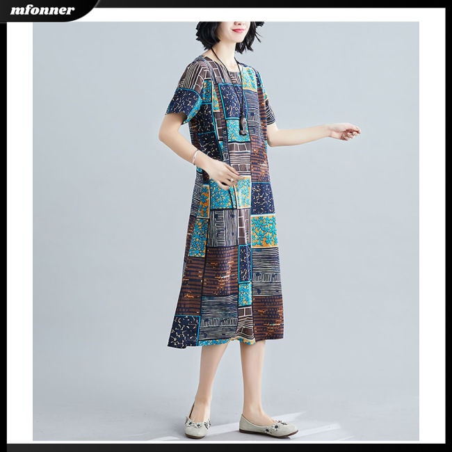 Đầm Midi Tay Ngắn Dáng Rộng Cổ Tròn Plus Size Thời Trang Mùa Hè Cho Nữ