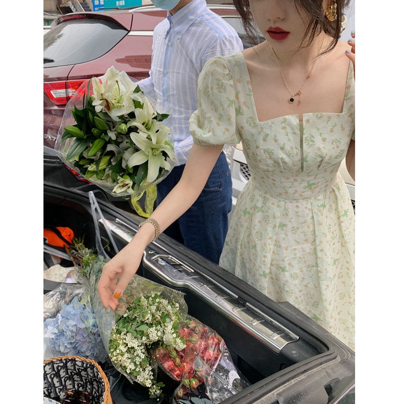 Đầm Hoa Cổ Vuông Tay Phồng Thời Trang Mùa Hè Cho Nữ