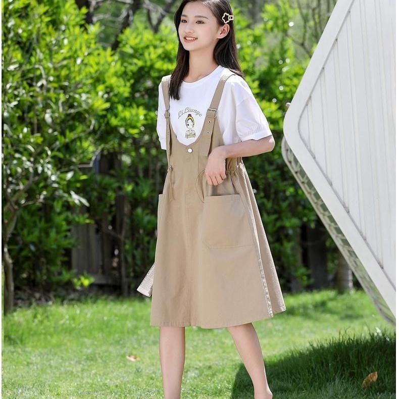 Set Áo Thun Cotton Ngắn Tay + Đầm Yếm Phong Cách Hàn Quốc Thời Trang Mùa Hè Mới 2021 W1DX Cho Bé Gái