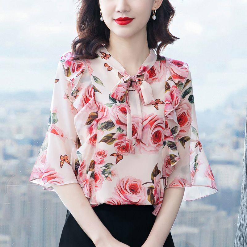 Áo Chiffon Ngắn Tay Cổ Chữ V In Hoa Thời Trang Mùa Hè Cao Cấp Cho Nữ