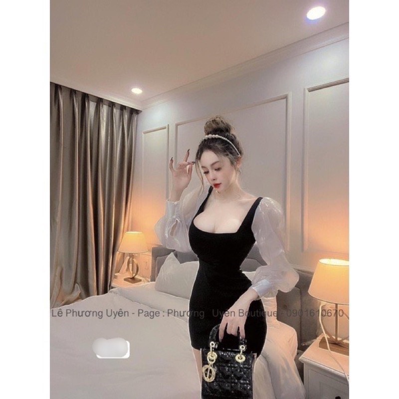 Đầm Body Ngắn Cổ Vuông Tay Dài Phối Von Thun Borip Ôm LY alohashop91