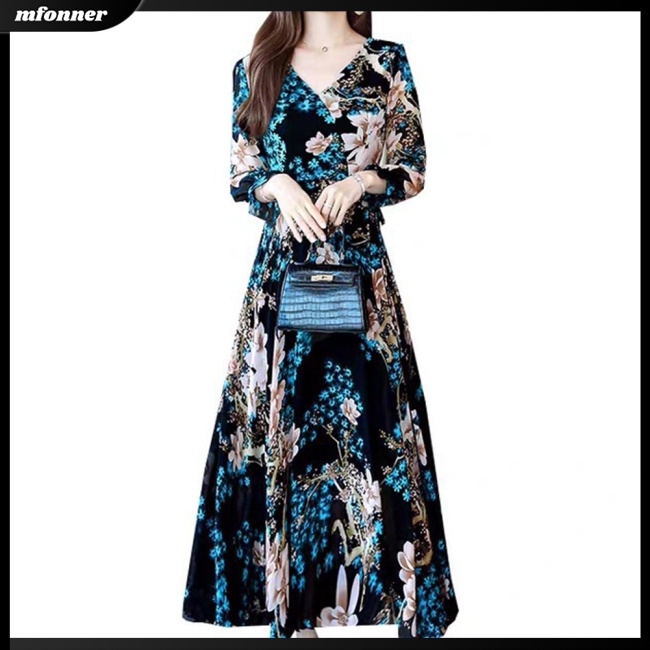 Đầm Midi Chữ A Tay Dài Cổ Chữ V In Họa Tiết Hoa Hợp Thời Trang Cho Nữ