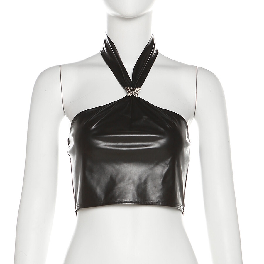 Klalien Áo Da PU Không Tay Dáng Ôm Thời Trang Mùa Hè Cá Tính Cho Nữ