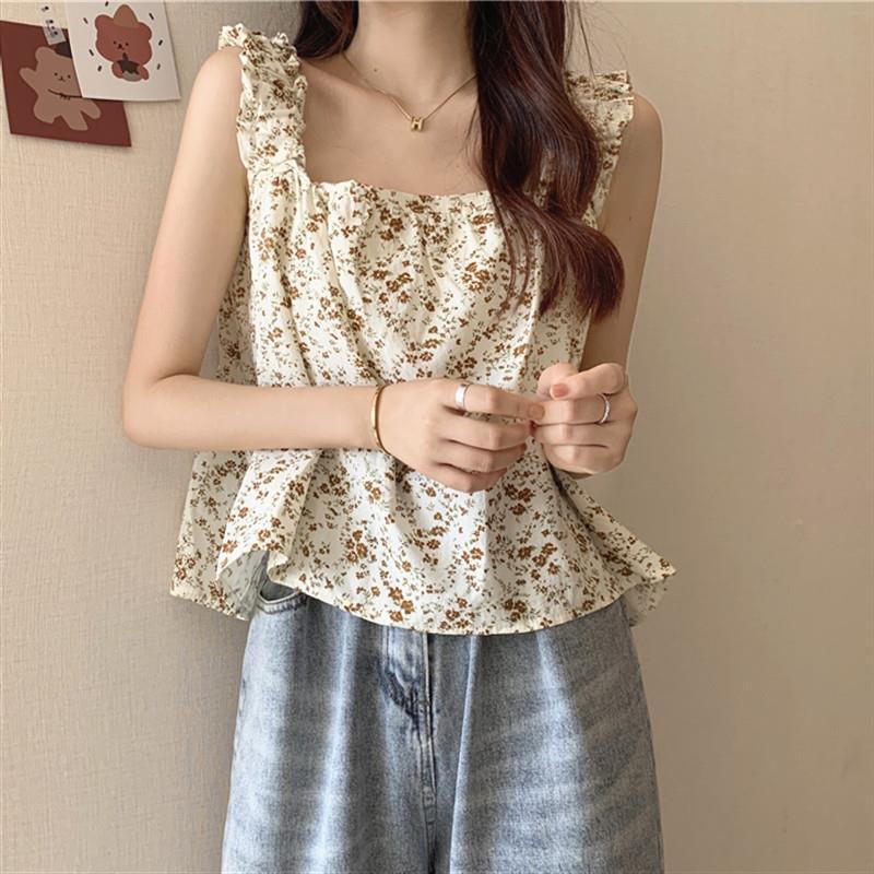 Áo Thun Không Tay Dáng Rộng Họa Tiết Hoa Xinh Xắn Thời Trang Theo Phong Cách Hồng Kông Cho Nữ