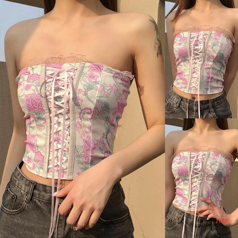 Áo Croptop Hai Dây Phối Bèo Họa Tiết Hoa Phong Cách Vintage Gợi Cảm