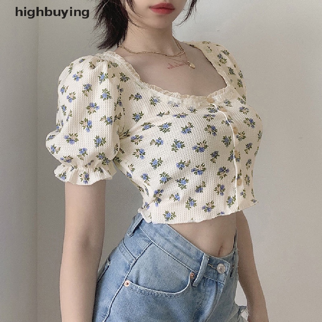 Áo Thun Lửng Ngắn Tay In Hoa Thời Trang Cho Nữ