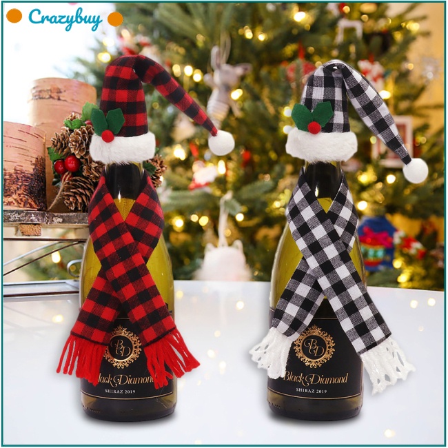 Cr Set Áo Bọc Chai Rượu Phối Khăn Choàng / Nón Họa Tiết Caro Phong Cách Giáng Sinh Độc Đáo