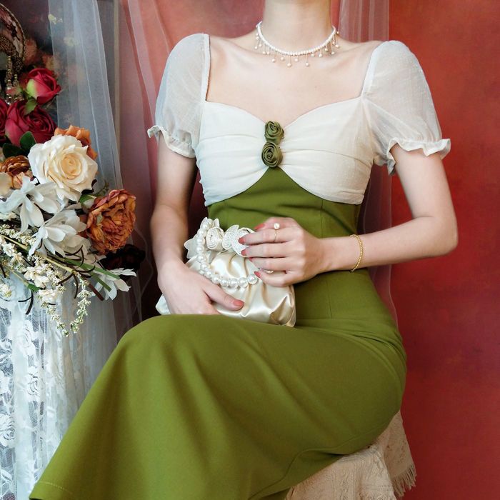 [F &amp; X] Đầm Dài Ôm Dáng Tay Ngắn Màu Xanh Lá Cây Phong Cách Hepburn Pháp Cổ Điển Thanh Lịch Thời Trang Mùa Hè