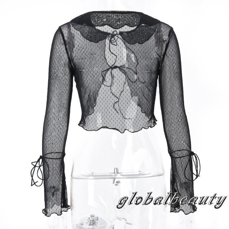 Áo Croptop Tay Dài Dáng Ôm Cột Dây Phía Trước Màu Đen Thời Trang Xuân Hè Cho Nữ