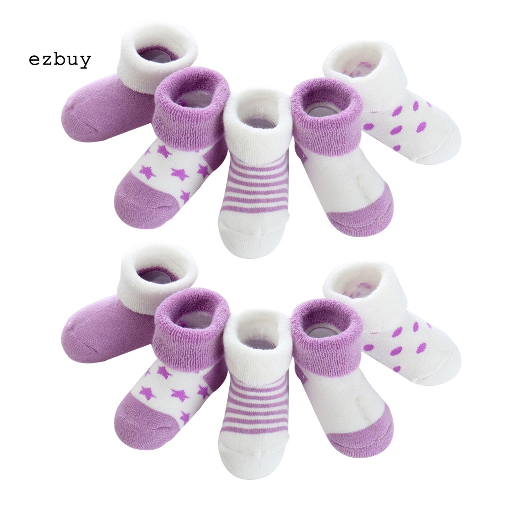 Set 5 Đôi Tất Dày Giữ Ấm Mùa Đông Chống Trượt In Họa Tiết Chấm Bi / Ngôi Sao Cho Bé