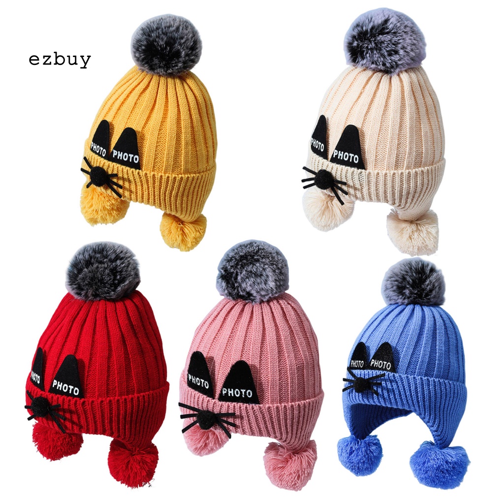 [EY] Mũ Dệt Kim Co Giãn Đính Quả Bông Trang Trí Bảo Vệ Tai Đáng Yêu Hợp Thời Trang Cho Bé Đi Ra Ngoài