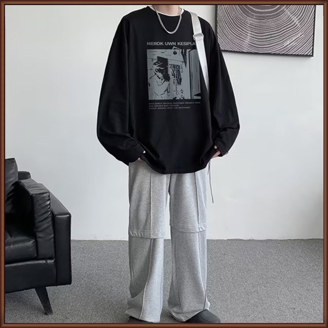 Áo Thun Tay Dài Cổ Tròn Dáng Rộng In Họa Tiết Cá Tính Thời Trang Cho Nam