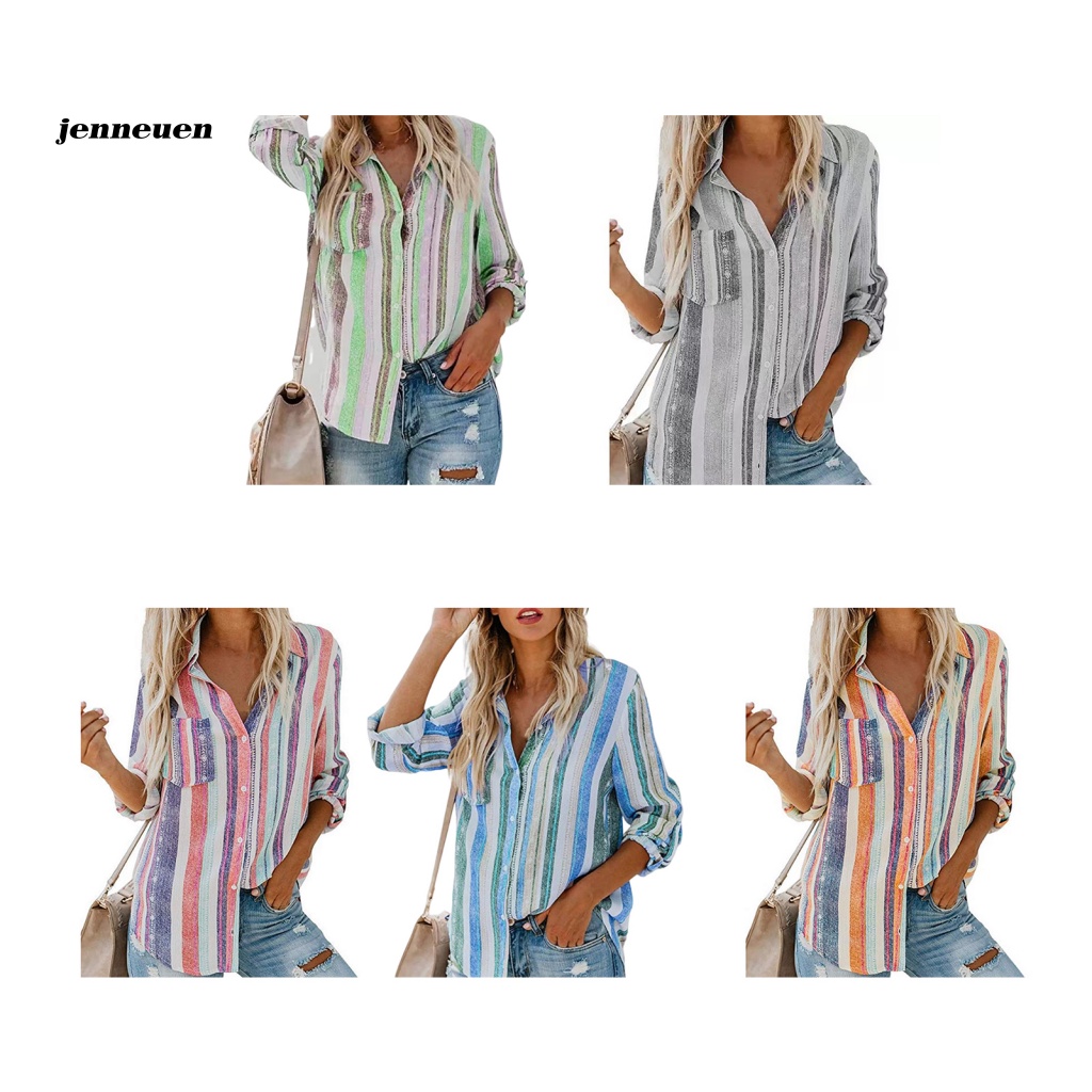 Áo Sơ Mi Tay Dài Kẻ Sọc Dọc Phối Túi Và Nút Thời Trang Công Sở Cho Nữ