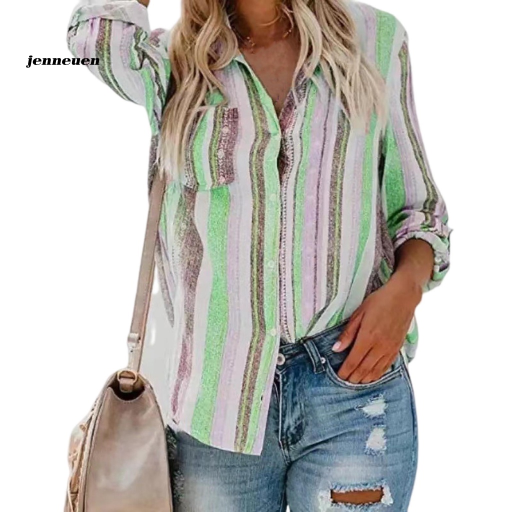 Áo Sơ Mi Tay Dài Kẻ Sọc Dọc Phối Túi Và Nút Thời Trang Công Sở Cho Nữ