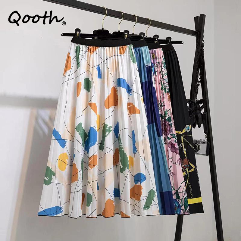 Qooth Nữ Midi In Hoa Váy Xếp Ly Vintage Cao Cấp Váy Chữ A Cho Mùa Xuân Hè QT2086