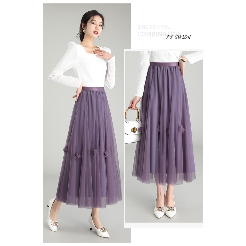 Chân Váy Xòe Chữ A Lưng Cao Co Giãn Thêu Hoa 5 Màu Thời Trang Cho Nữ