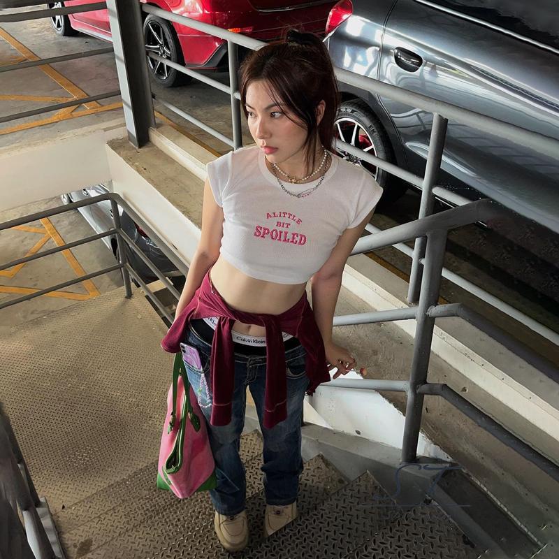 Áo Thun Mùa Hè Tay Cộc Lộ Rốn In Họa Tiết Chữ Cho Nữ CY03