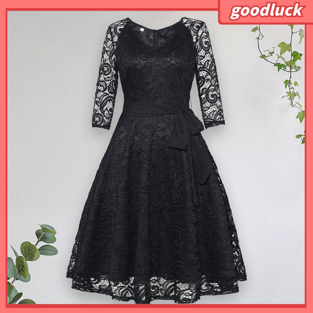 [ULK] Đầm Dạ Hội Dài Tay Cổ Tròn Ôm Eo Phối Ren Xuyên Thấu Màu Trơn Mềm Mại Cho Nữ