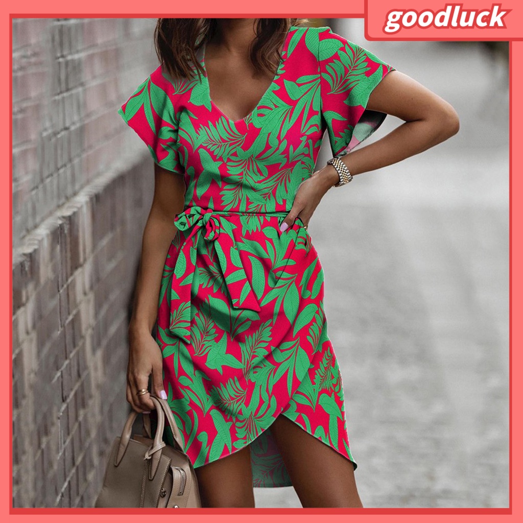 [ULK] Đầm Tay Ngắn Cổ Chữ V In Hoa Phối Dây Cột Eo Không Đều Màu Thời Trang Đi Biển Mùa Hè Dành Cho Nữ