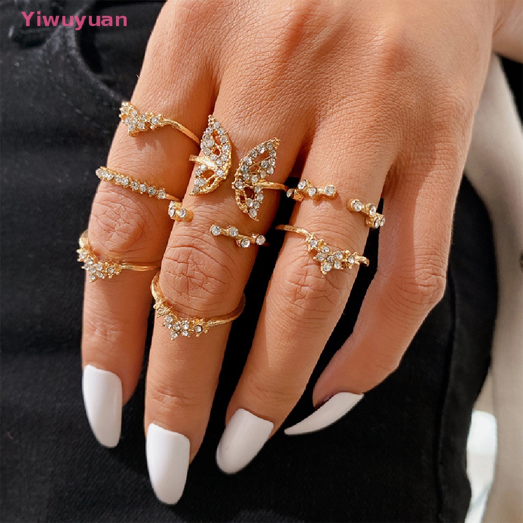 Bộ 8 Nhẫn Hở Đeo Khớp Ngón Tay Màu Vàng Hình Bướm / Bông Hoa Đính Đá Zircon Phong Cách Bohemian Đơn Giản Dành Cho Nữ Mới