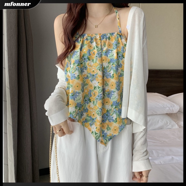 Áo Tank Top Sát Nách Cổ Yếm Dáng Rộng In Họa Tiết Hoa Thời Trang Cho Nữ