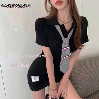 Sugemiusi [Cà Vạt] Đầm Ngắn Tay Ôm Dáng Ôm Sát Thắt Cà Vạt Quyến Rũ Phong Cách Mới Dành Cho Nữ