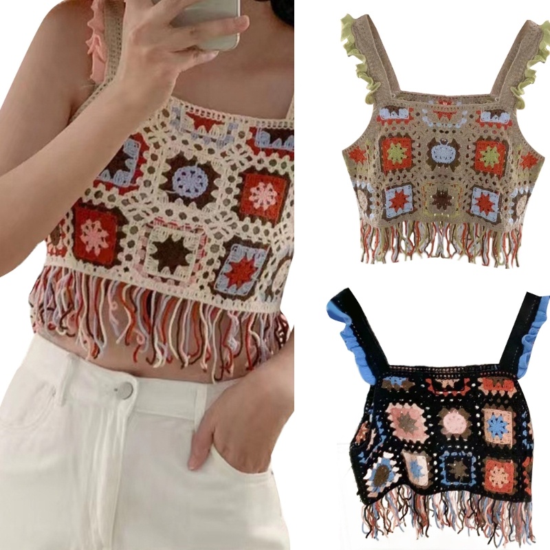 Áo Croptop Đan Len Không Tay Thêu Họa Tiết Nhiều Màu Sắc Thời Trang Xuân Hè Cho Nữ