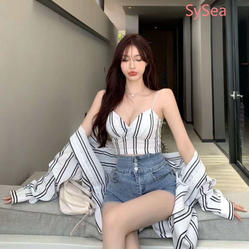 Set Áo Sơ Mi + Áo Hai Dây Chống Nắng Họa Tiết Kẻ Sọc Thời Trang Mùa Hè Cho Nữ