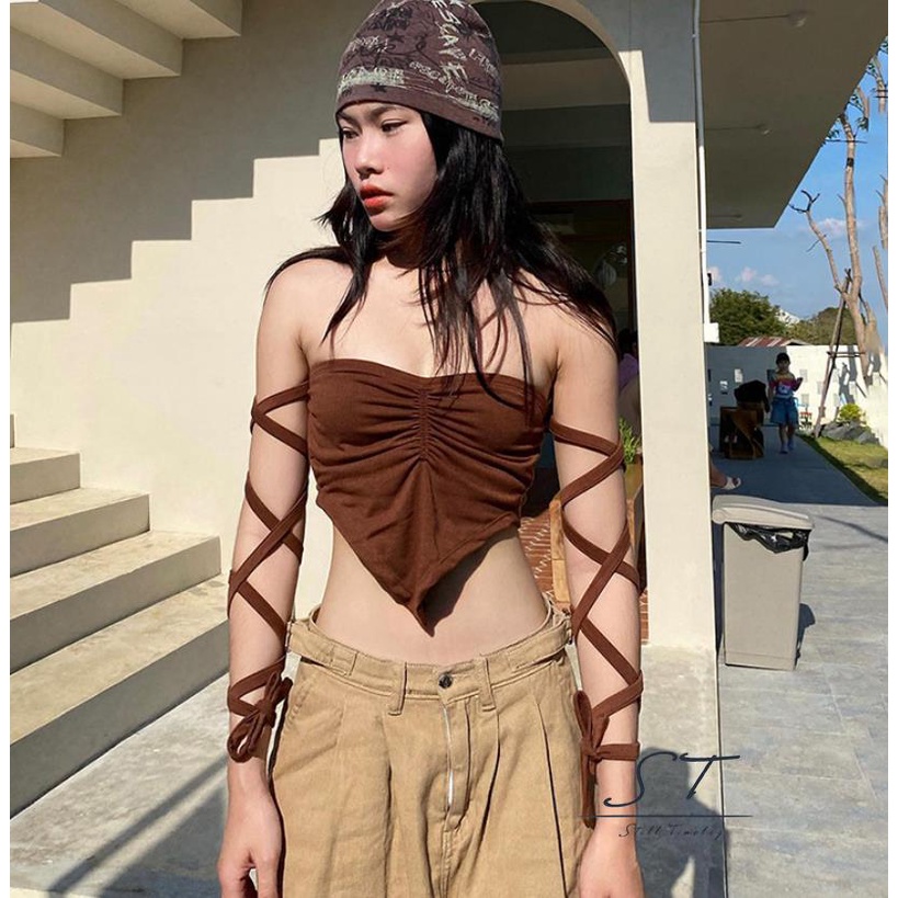 Áo Ống CY03 Kiểu Xếp Ly Không Dây Hở Lưng Phối Viền Độc Đáo Thời Trang Mùa Hè Cho Nữ