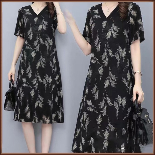 Đầm Midi Chữ A Tay Ngắn Cổ Chữ V Dáng Rộng Vải Lụa Lạnh Mỏng Thời Trang Mùa Hè Cho Nữ