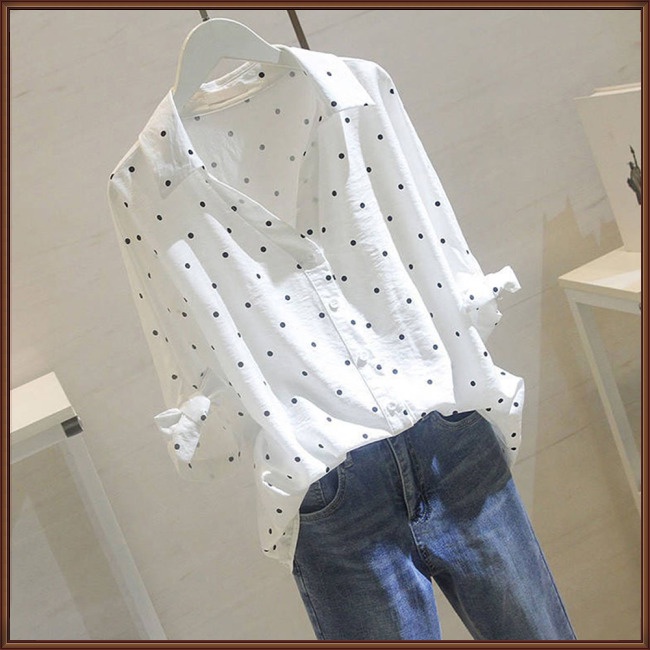 Áo Sơ Mi Cotton Chữ A Tay Lửng Cổ Chữ V Họa Tiết Chấm Bi Thời Trang Xuân Thu Cho Nữ