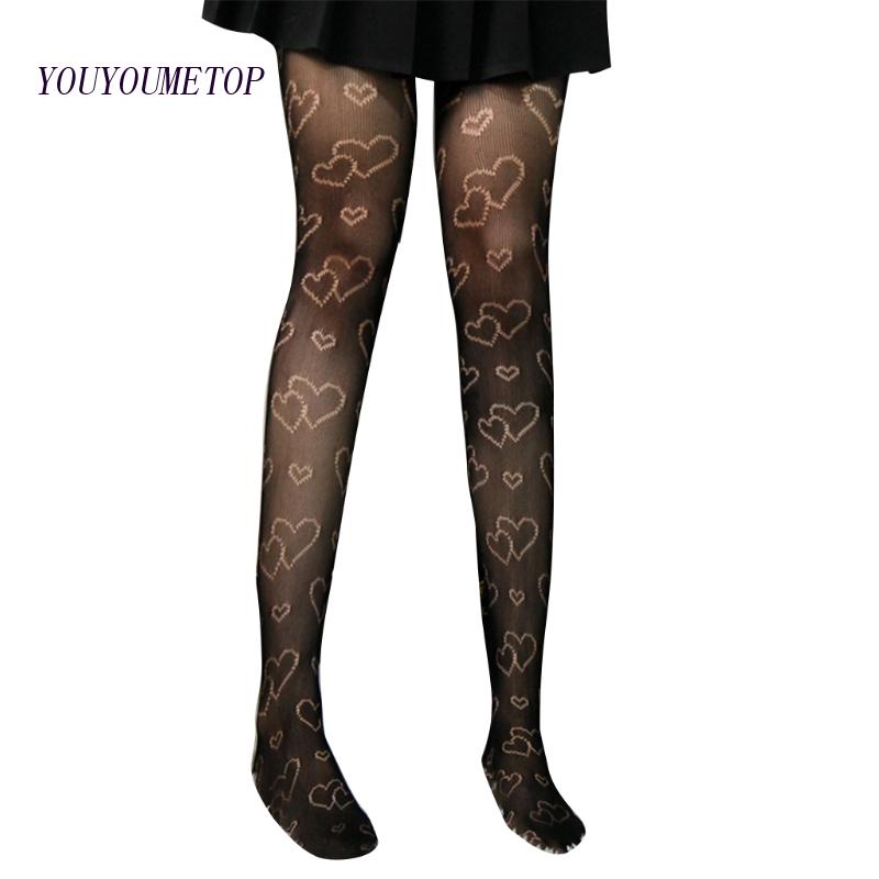 Youyo Quần Tất Lưới Đen Họa Tiết Trái Tim Đôi Phong Cách Gothic Punk Cho Nữ