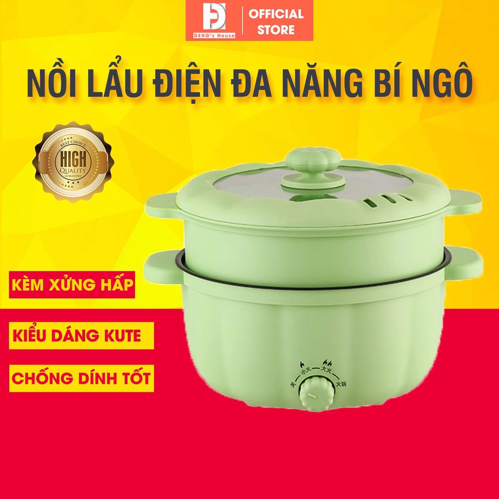 Nồi lẩu điện bí ngô dung tích 4L có xửng hấp tặng kèm sạn gỗ, nồi lẩu nấu nhanh vệ sinh dễ dàng - BH 3 tháng