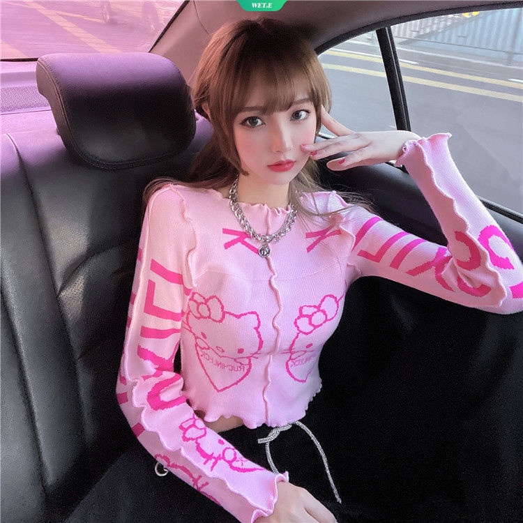 Áo Sweater Dệt Kim Tay Dài Dáng Ôm In Hoạt Hình Sanrio Kitty Thời Trang Xuân Thu 2023 Cho Nữ