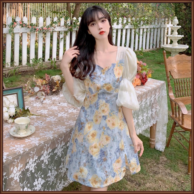 Đầm Chữ A Tay Ngắn Phồng Cổ Vuông In Hoa Dành Cho Nữ