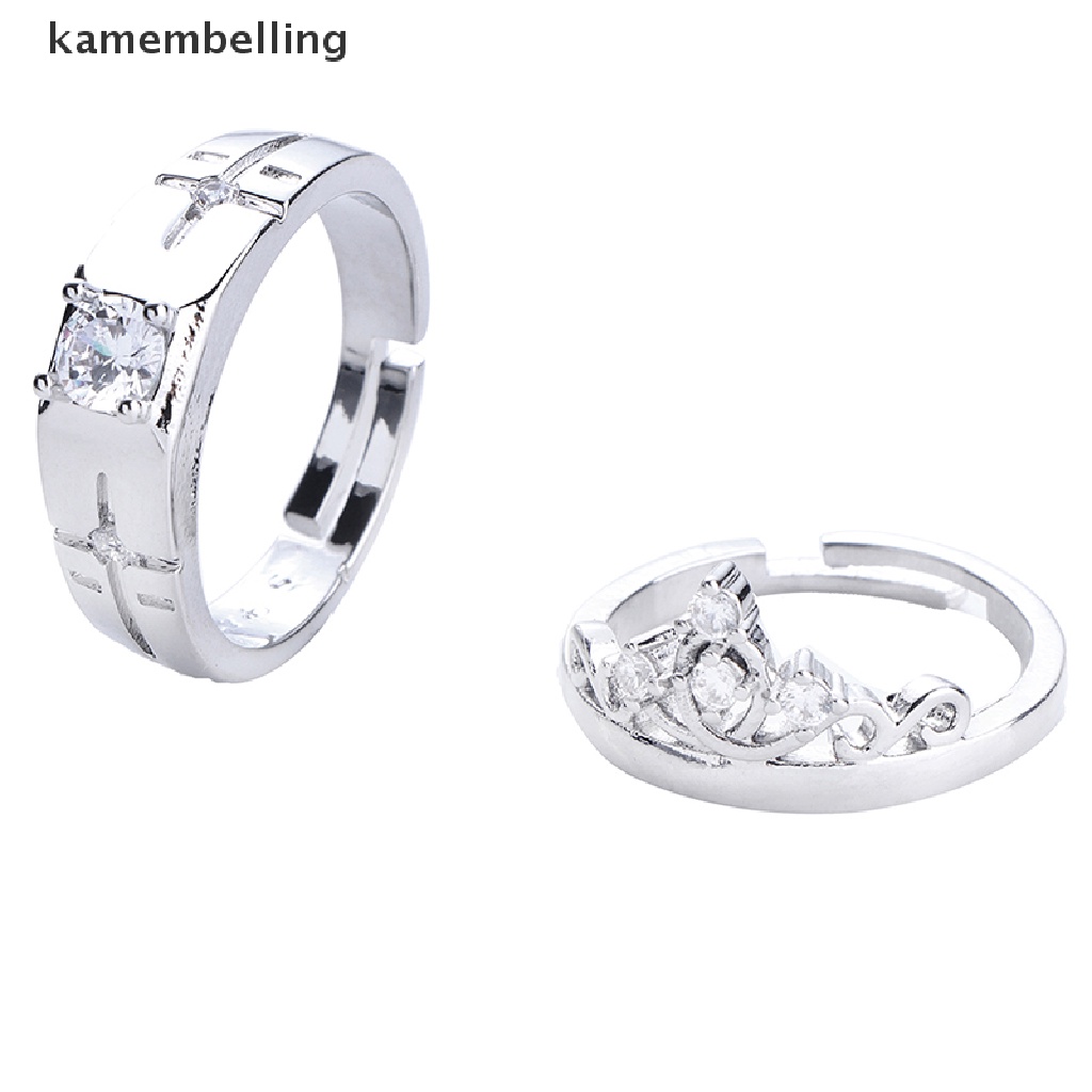 Kamembelling Set 2 Nhẫn Đính Đá Pha Lê Hình Vương Miện Có Thể Điều Chỉnh Kích Thước Cho Cặp Đôi