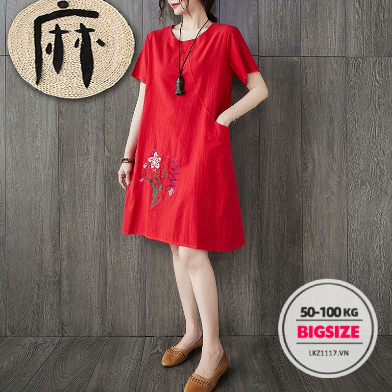 Váy đầm nữ Bigsize Váy Xuông tay ngắn cổ tròn Họa tiết thêu mùa hè Phong cách Hàn Quốc Thời Trang đẹp
