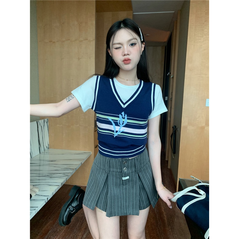 SUXI Áo Croptop Dệt Kim Tay Ngắn Phong Cách Vintage Thời Trang Mùa Hè