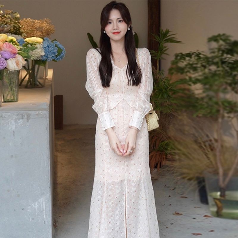 Đầm Đuôi Cá Giả Hai Mảnh Họa Tiết Hoa Nhẹ Nhàng Phong Cách Hàn Quốc Mùa Xuân