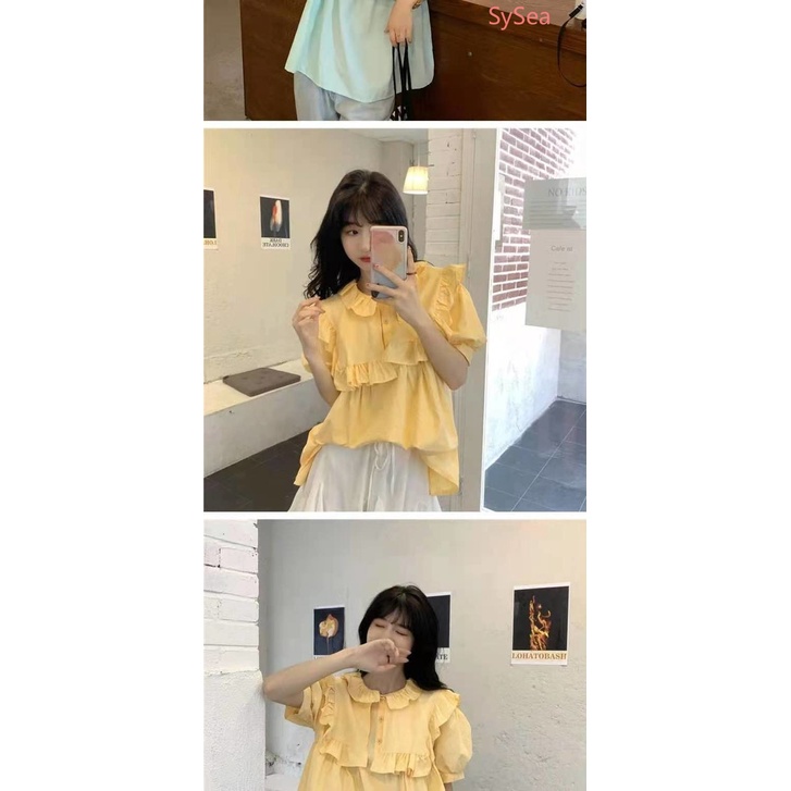Áo Kiểu Tay Phồng Cổ Búp Bê Phối Bèo Thời Trang Mùa Hè Cho Nữ