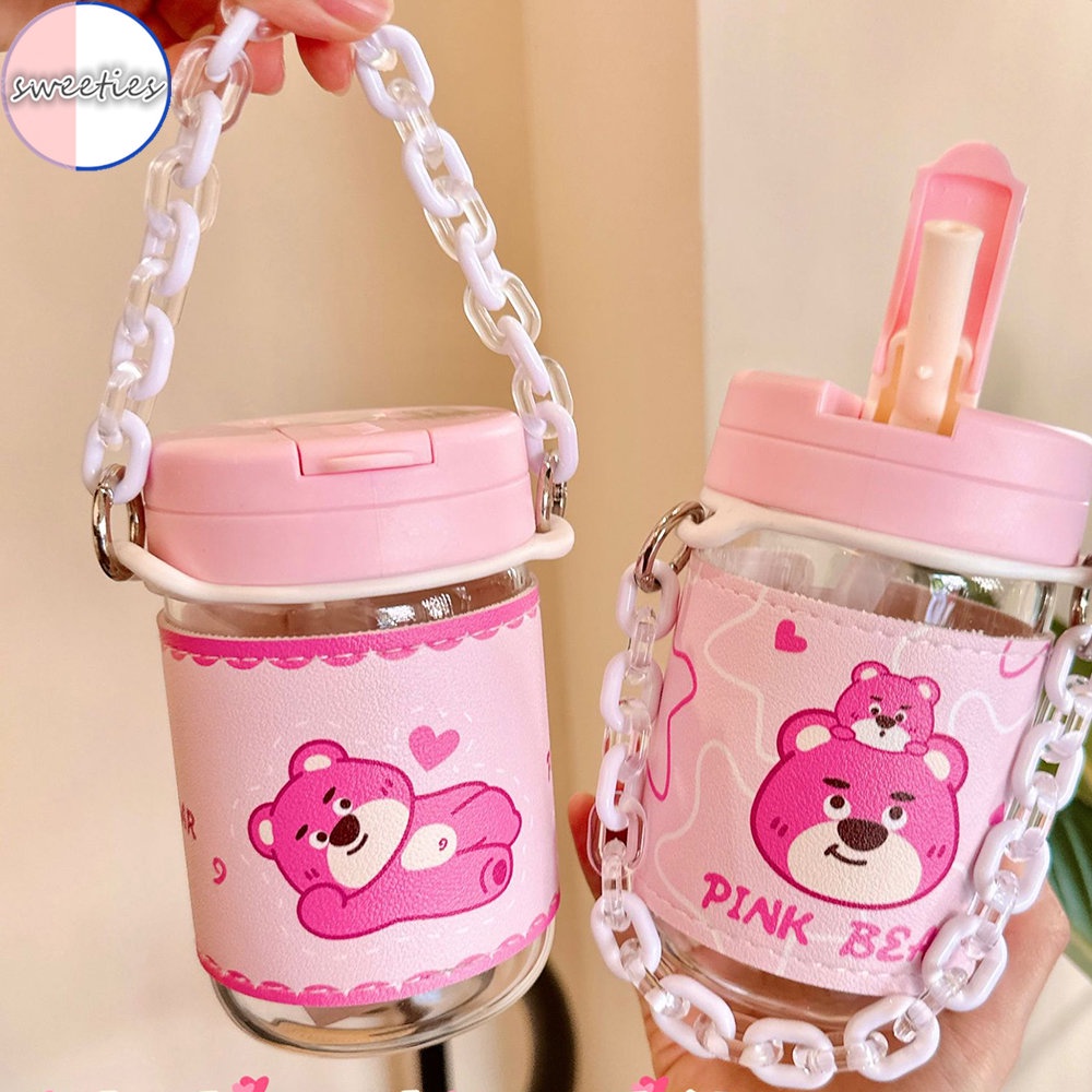 Bình Nước Thủy Tinh Hình Gấu Dâu Tây Kèm Ống Hút Dung Tích 400ML