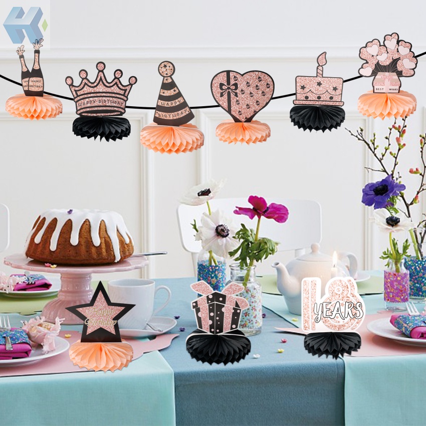 Set 10 / 10 Topper Trang Trí Bánh Kem Sinh Nhật Lần Thứ 18 Màu Vàng Hồng Và Đen Hình Tổ Ong Cho Sinh Nhật Lần Thứ 18