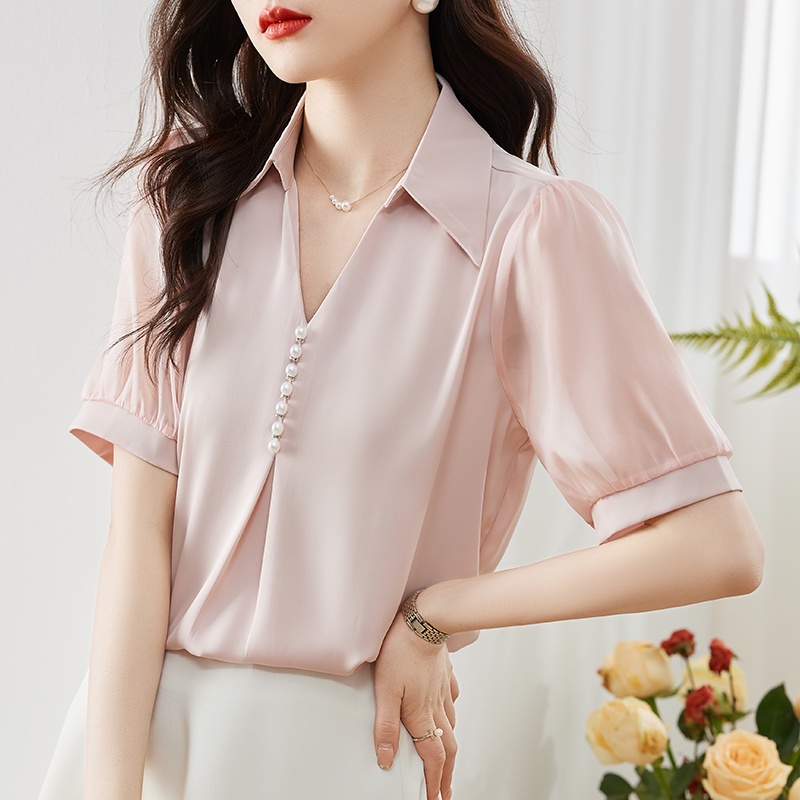 Áo Sơ Mi Ngắn Tay Vải Satin Đính Hạt Thời Trang Mùa Hè Mới 2023