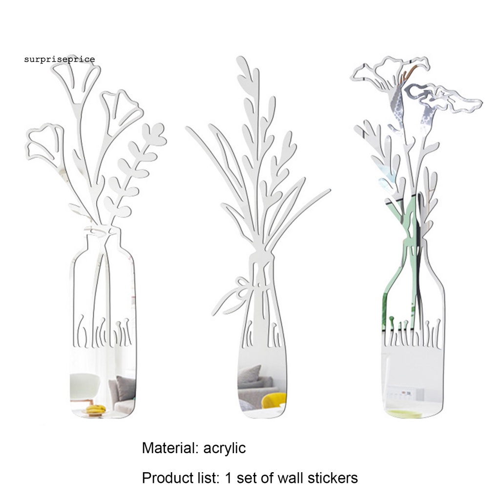 Bộ 3 Miếng Dán Tường Bằng Acrylic Tráng Gương Hình Lọ Hoa Lấp Lánh Trang Trí Nhà Cửa