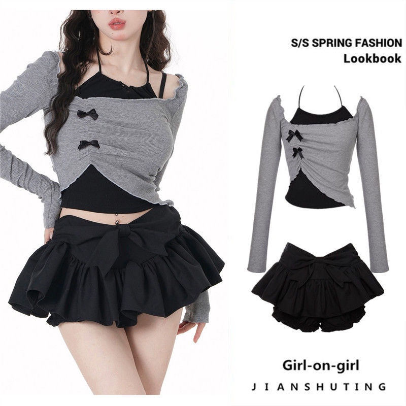 Áo Trễ Vai Tay Dài Phối Nơ Phong Cách Mới Dây đeo bất thường Mùa hè mới Bowknot Pantsuit Fake Two Piece One Piece Set