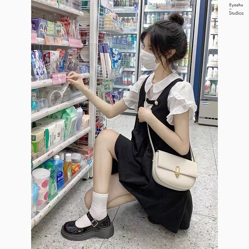 Dễ Thương Đầm Ngắn Mùa Hè Màu Đen Giả Váy Sơ Mi Phong Cách Ngọt Ngào Cho Nữ     hka089