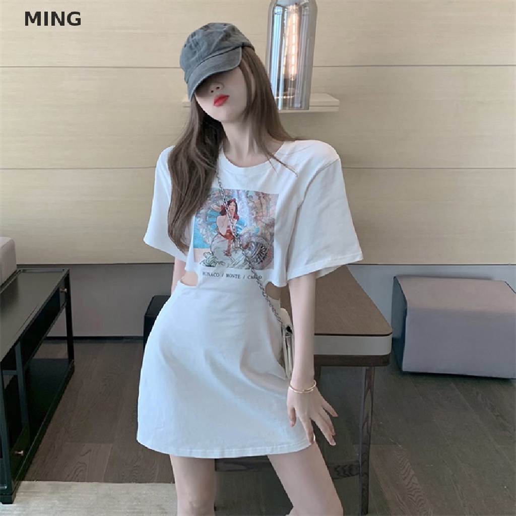 Đầm Mini Chữ A Tay Ngắn Khoét Lỗ In Họa Tiết Phong Cách Hàn Quốc Thời Trang Mùa Hè Cho Nữ