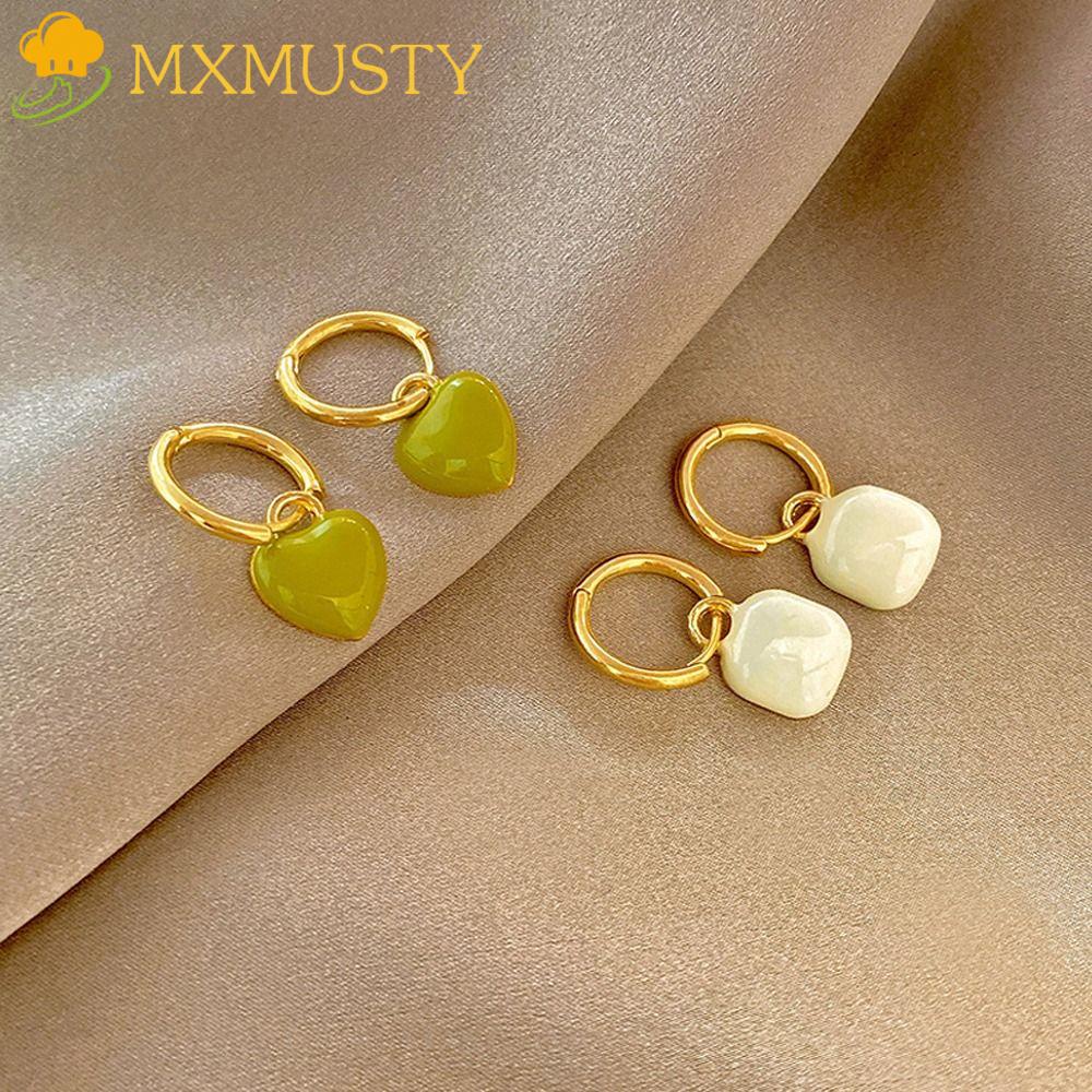 Bông Tai Dáng Dài Mặt Hình Trái Tim Màu Trắng Xanh Lá Tráng Men Thời Trang Tinh Tế Cho Nữ