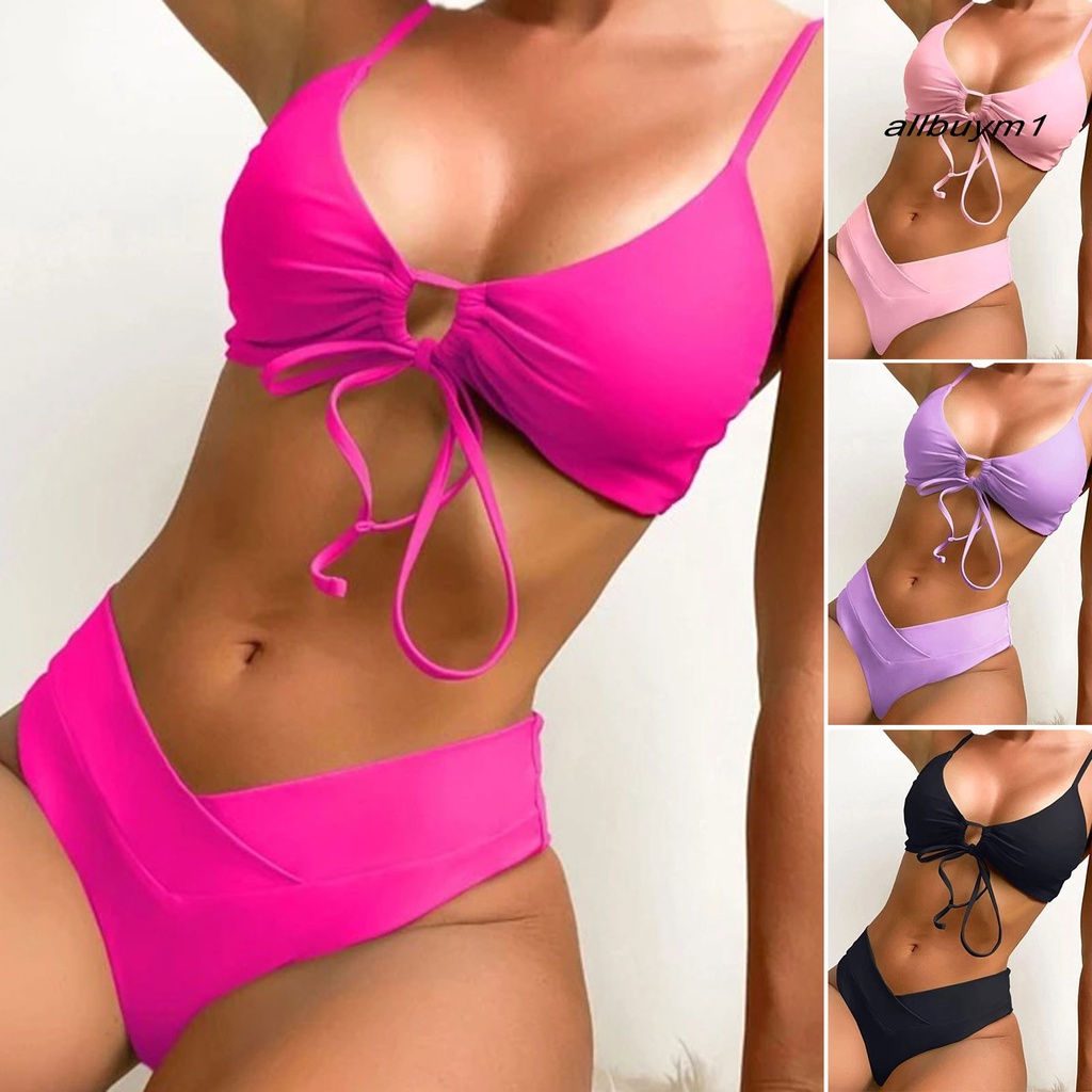 1 Bộ Đồ Bơi Bikini Hai Dây Có Đệm Ngực Màu Trơn Không Gọng Có Dây Thắt Nơ Cho Nữ