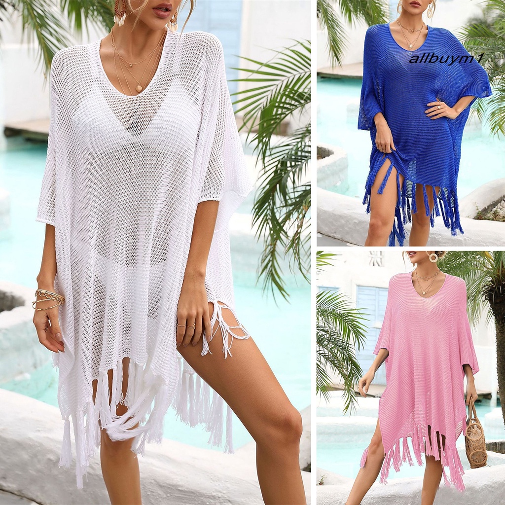 Đầm Tay Lửng Cổ Tròn Phối Tua Rua Xuyên Thấu Thời Trang Mùa Hè Cho Nữ